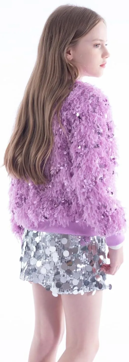 WELAKEN Girls Faux Feather Sequin Jacket Shiny Long Sleeve Zip Up Coat with Pockets 5-12Y