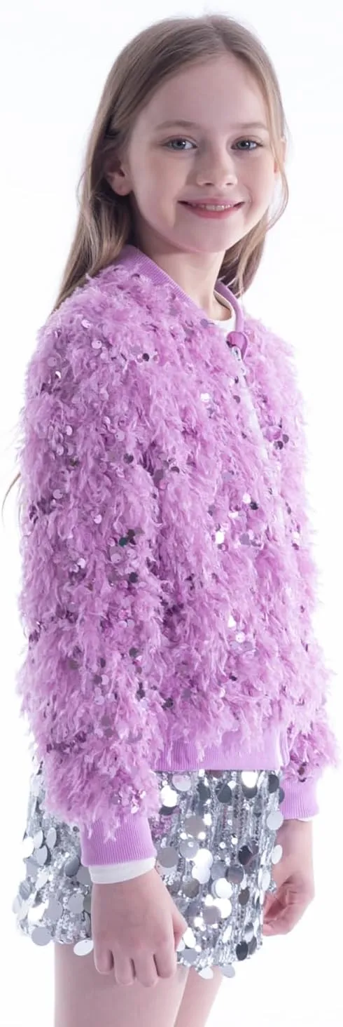 WELAKEN Girls Faux Feather Sequin Jacket Shiny Long Sleeve Zip Up Coat with Pockets 5-12Y