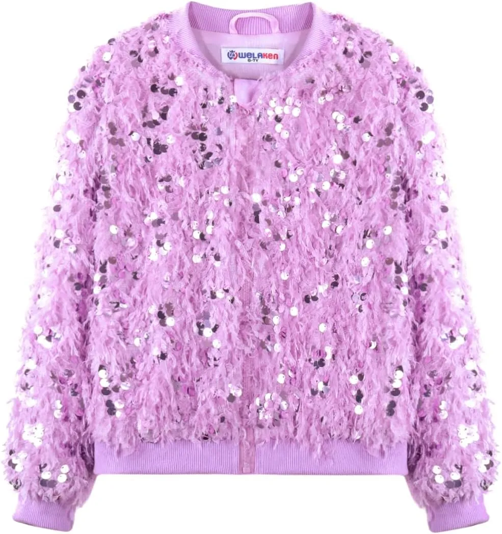 WELAKEN Girls Faux Feather Sequin Jacket Shiny Long Sleeve Zip Up Coat with Pockets 5-12Y