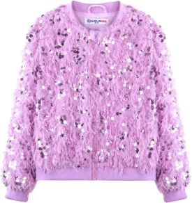 WELAKEN Girls Faux Feather Sequin Jacket Shiny Long Sleeve Zip Up Coat with Pockets 5-12Y