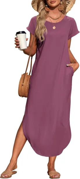 WNEEDU Womens Summer Dresses Casual Loose Short Sleeve Long T Shirt Dress Split Maxi Beach Sundress Travel Vacation Outfits