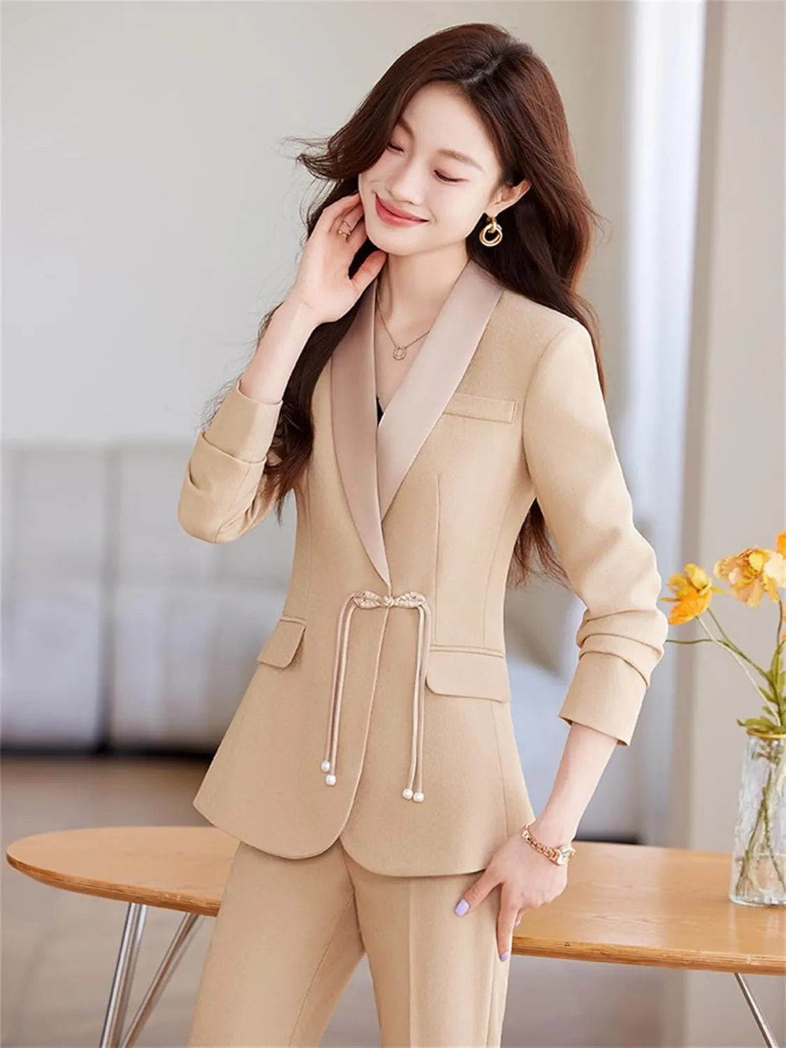 Women Elegant Pant Suit 2 Piece Set Office Ladies Female Business Work Wear Formal Blazer Jacket and Trouser