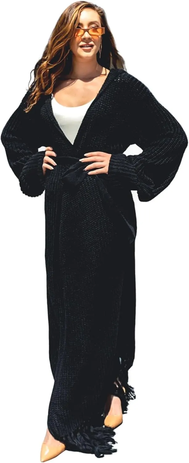 Women's Floor Length Open Front Knit Cardigan Dress - Long Sleeve Maxi Dress - Cardigan for Women