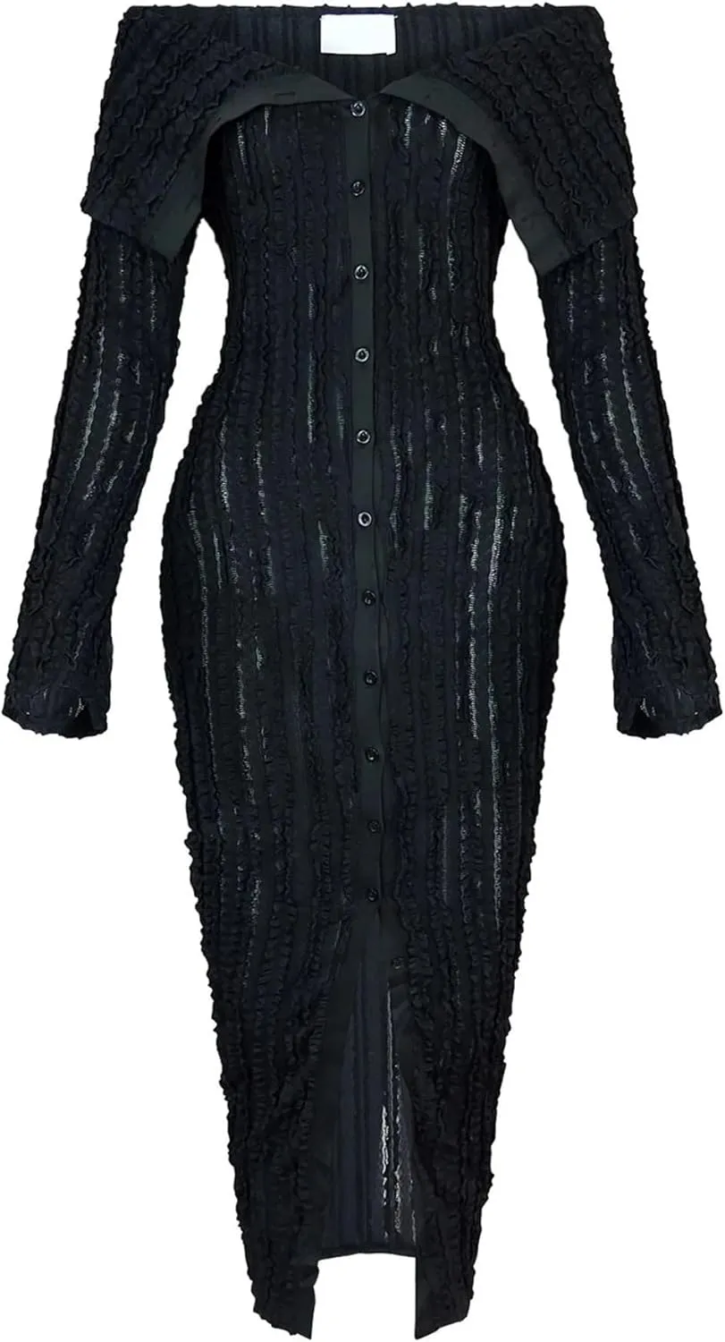 Women's Sexy Off Shoulder Dress 2024 Elegant Long Sleeve Button Down Split Ruffle Bodycon Midi Dresses Clubwear
