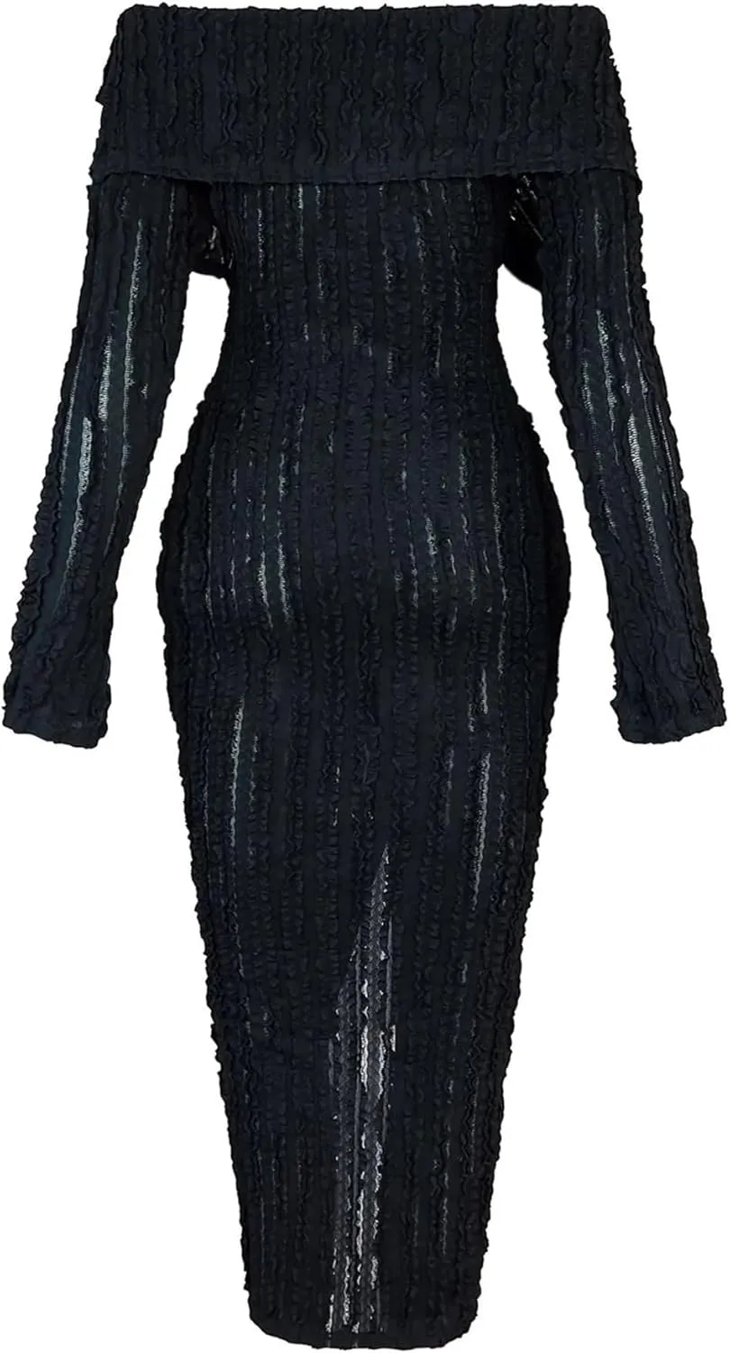 Women's Sexy Off Shoulder Dress 2024 Elegant Long Sleeve Button Down Split Ruffle Bodycon Midi Dresses Clubwear