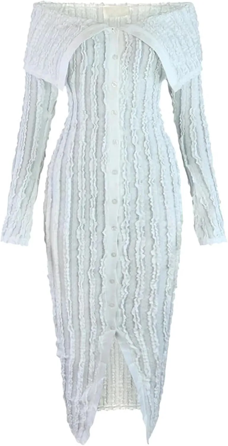 Women's Sexy Off Shoulder Dress 2024 Elegant Long Sleeve Button Down Split Ruffle Bodycon Midi Dresses Clubwear