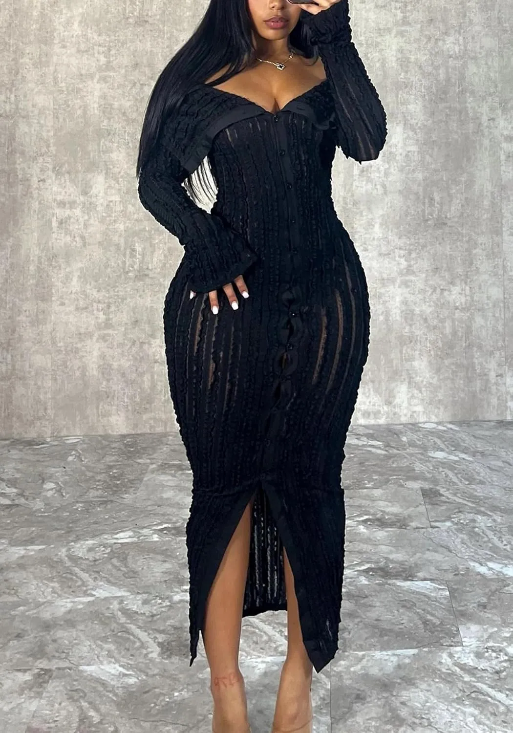 Women's Sexy Off Shoulder Dress 2024 Elegant Long Sleeve Button Down Split Ruffle Bodycon Midi Dresses Clubwear