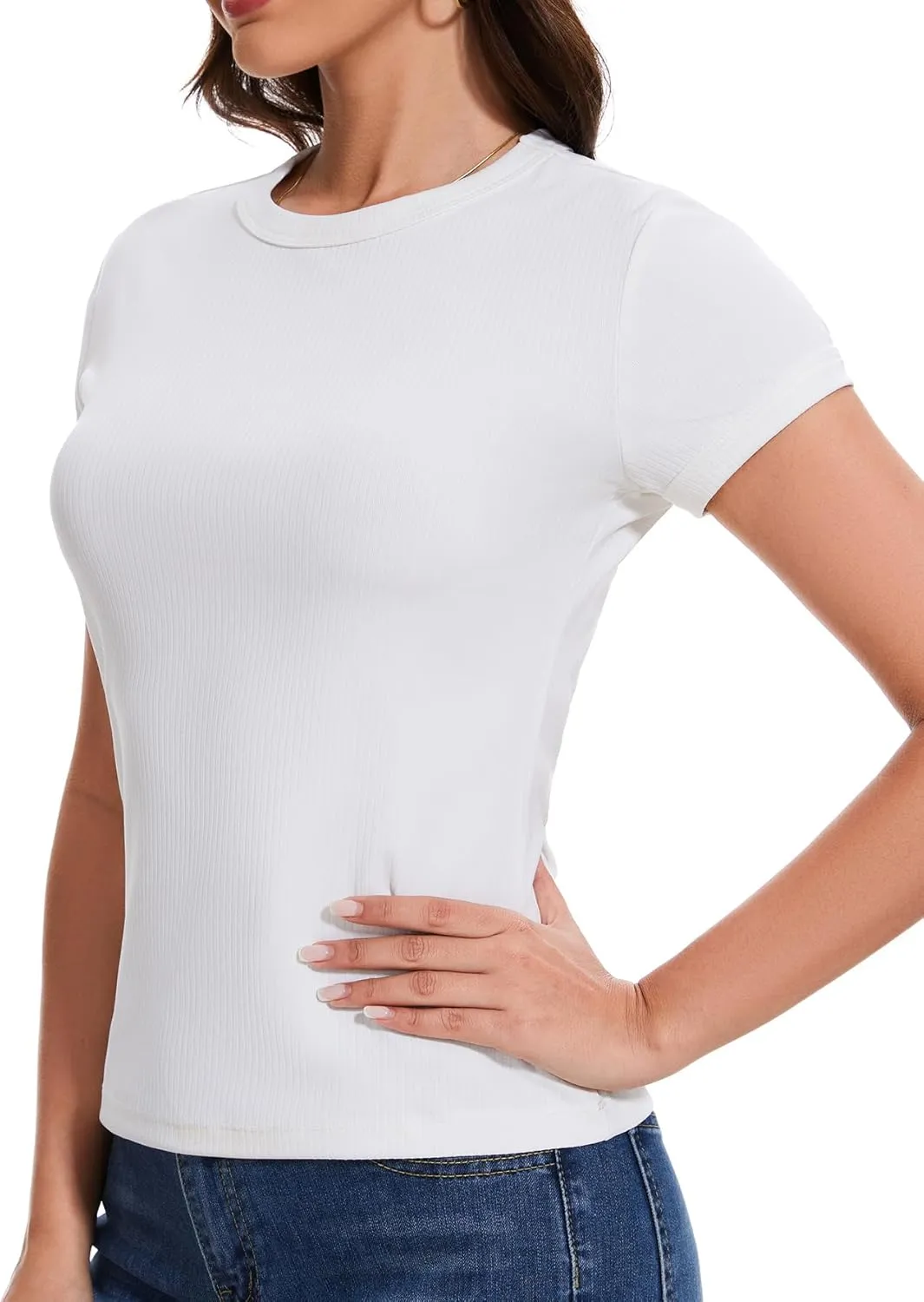 Womens Summer Tops Round Neck Ribbed Slim Basic T Shirts for Women Y2K Short Sleeve Shirts for Women