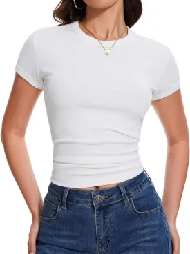 Womens Summer Tops Round Neck Ribbed Slim Basic T Shirts for Women Y2K Short Sleeve Shirts for Women