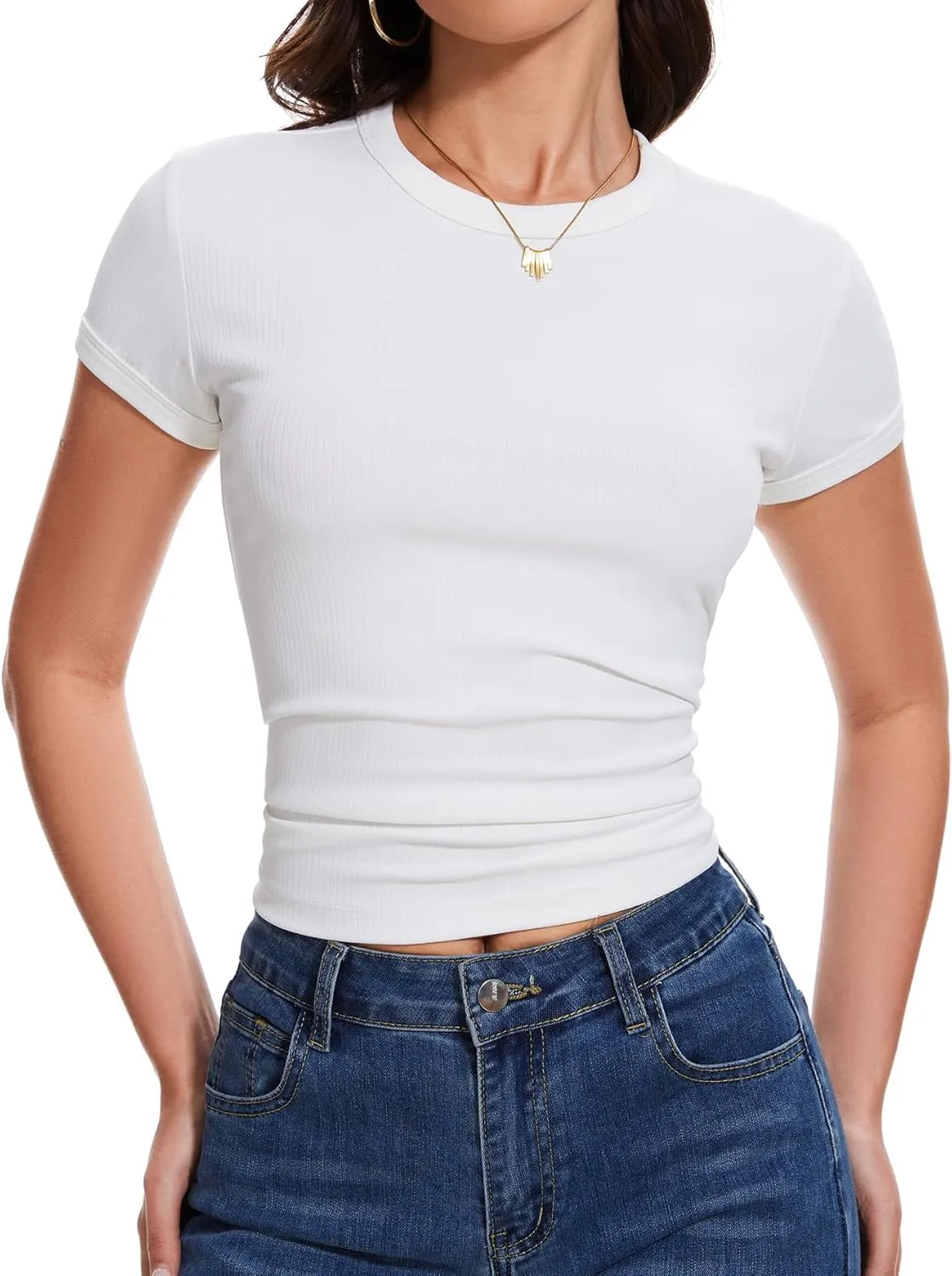 Womens Summer Tops Round Neck Ribbed Slim Basic T Shirts for Women Y2K Short Sleeve Shirts for Women
