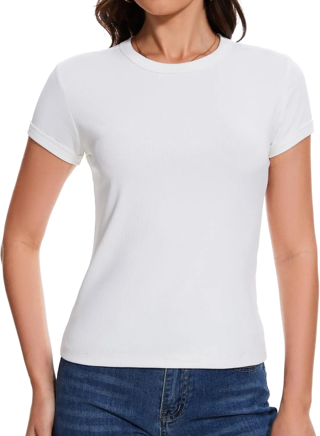 Womens Summer Tops Round Neck Ribbed Slim Basic T Shirts for Women Y2K Short Sleeve Shirts for Women
