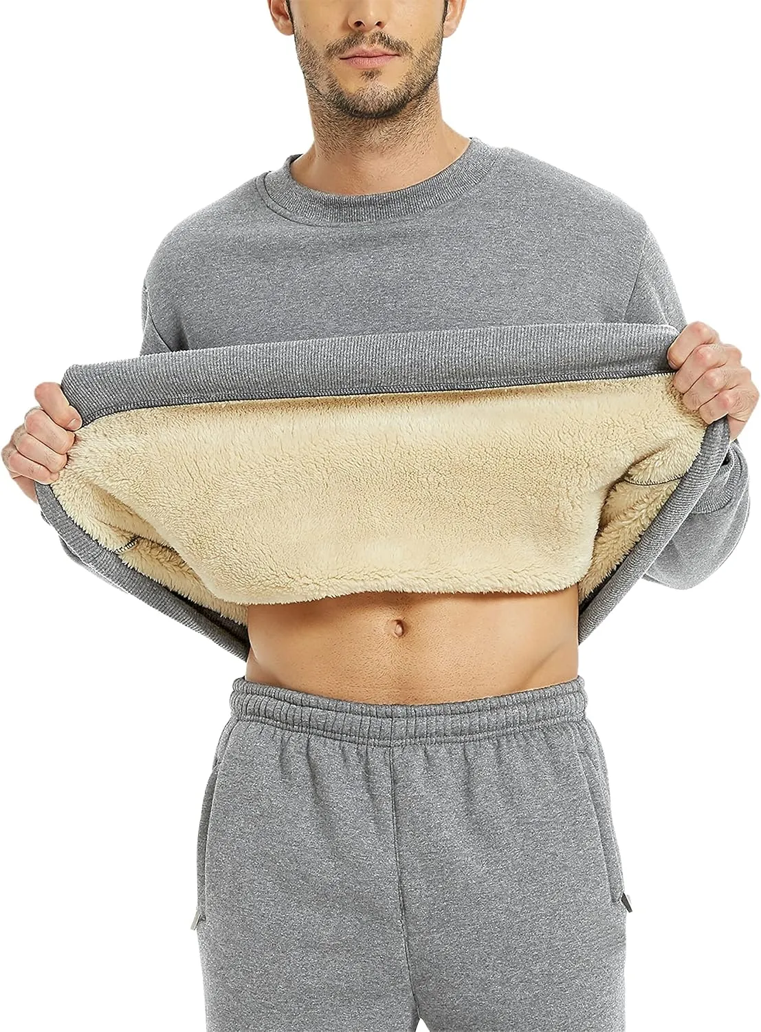 Yeokou Men's Fleece Sweatshirt Sherpa Lined Crewneck Basic Winter Thick Pullover Tops