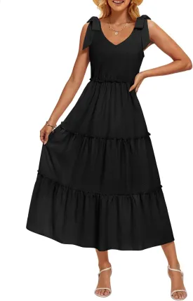 ZESICA Women's 2025 Summer Boho Casual V Neck Sleeveless Midi Dresses Tie Shoulder Flowy Tiered A Line Beach Long Sundress