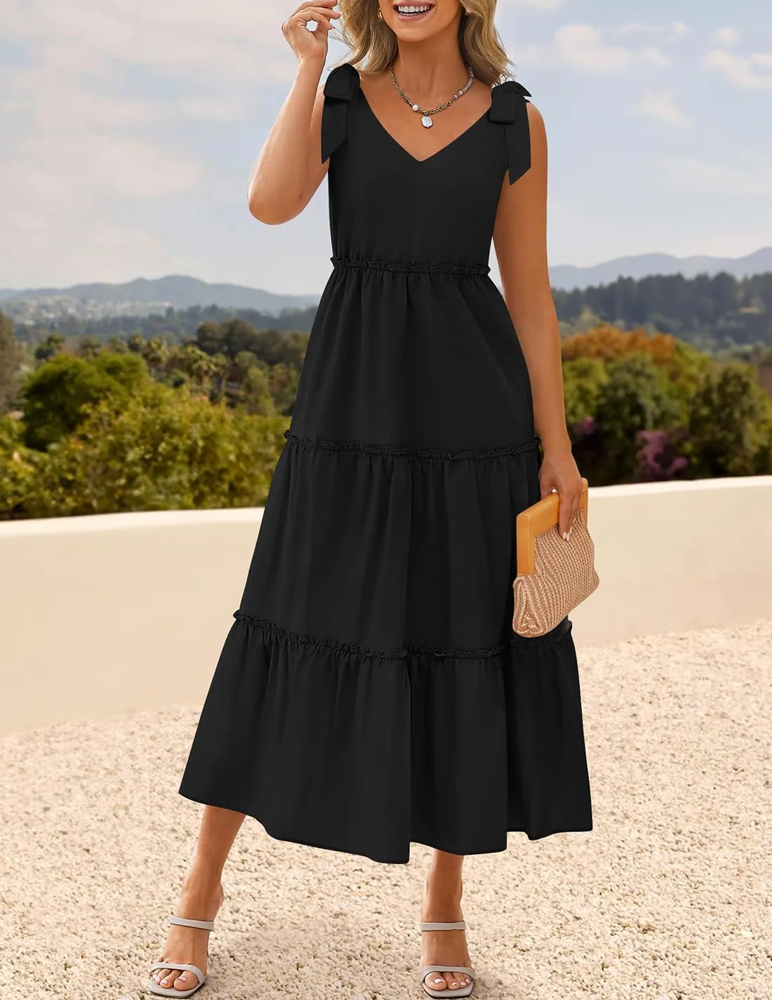 ZESICA Women's 2025 Summer Boho Casual V Neck Sleeveless Midi Dresses Tie Shoulder Flowy Tiered A Line Beach Long Sundress