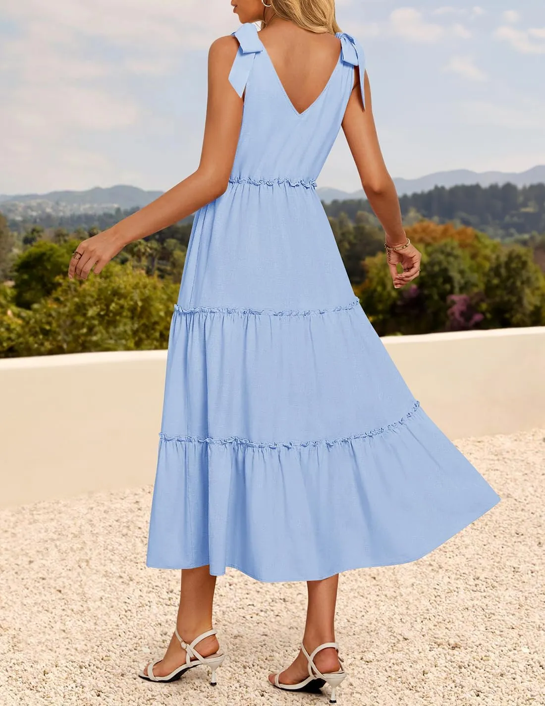 ZESICA Women's 2025 Summer Boho Casual V Neck Sleeveless Midi Dresses Tie Shoulder Flowy Tiered A Line Beach Long Sundress