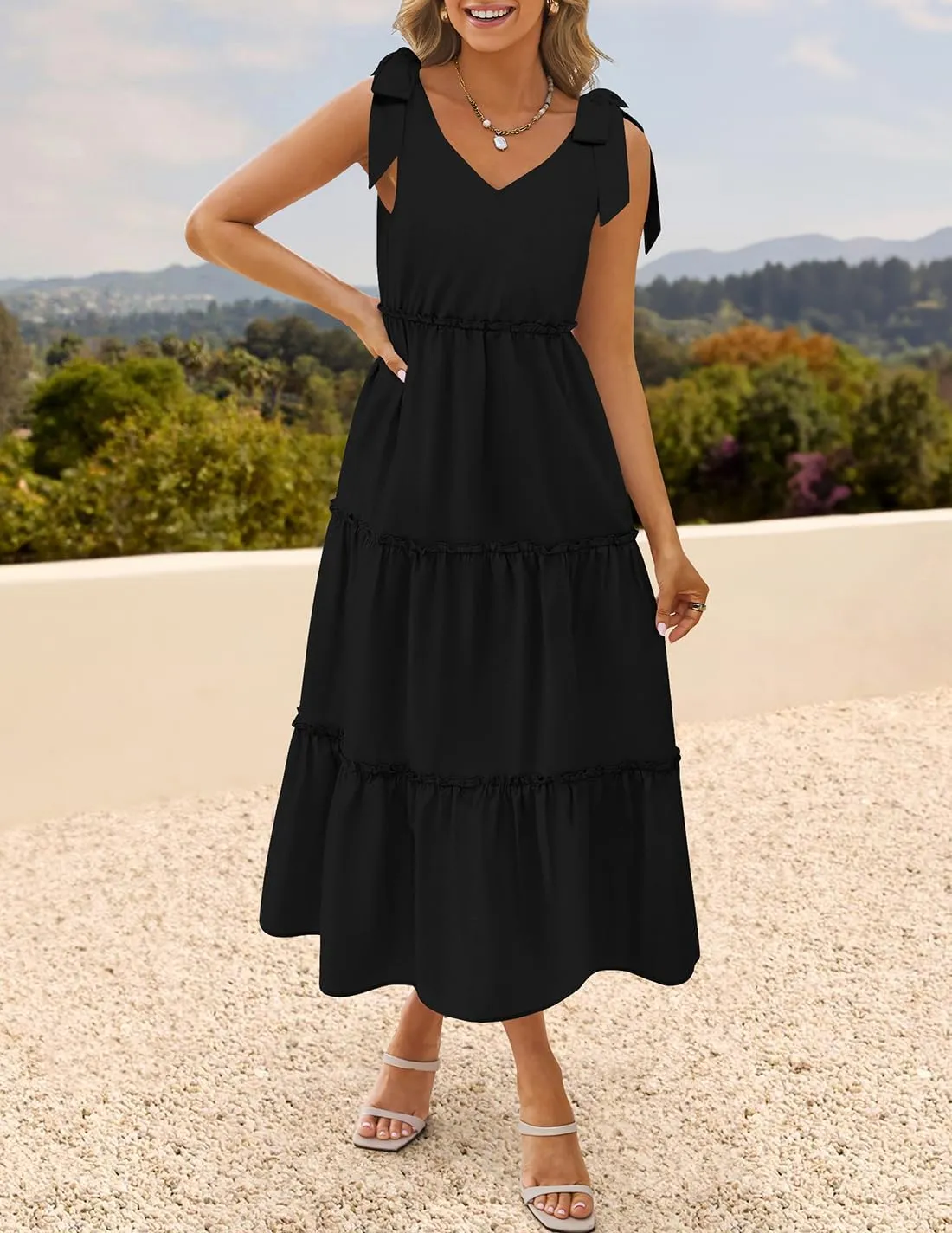 ZESICA Women's 2025 Summer Boho Casual V Neck Sleeveless Midi Dresses Tie Shoulder Flowy Tiered A Line Beach Long Sundress