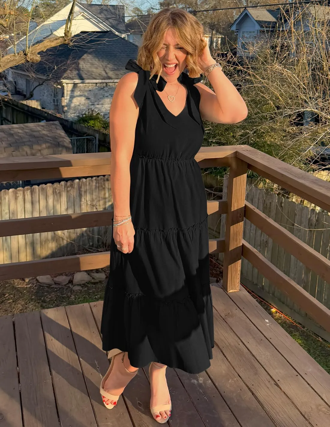 ZESICA Women's 2025 Summer Boho Casual V Neck Sleeveless Midi Dresses Tie Shoulder Flowy Tiered A Line Beach Long Sundress