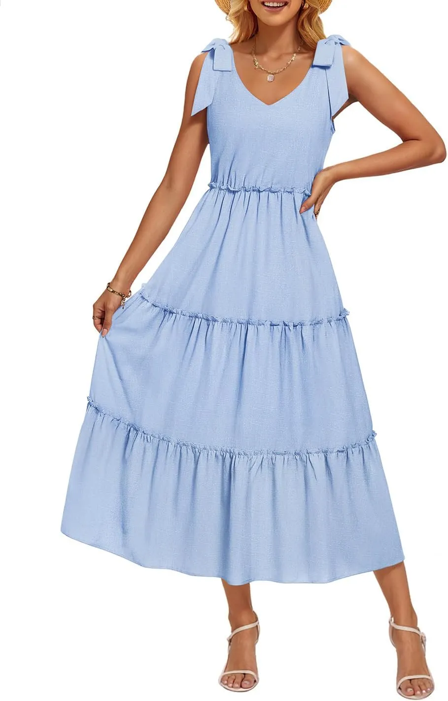 ZESICA Women's 2025 Summer Boho Casual V Neck Sleeveless Midi Dresses Tie Shoulder Flowy Tiered A Line Beach Long Sundress
