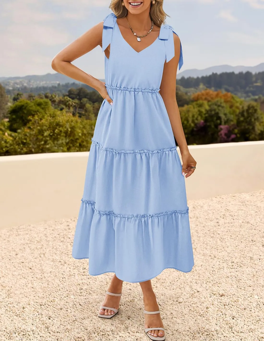 ZESICA Women's 2025 Summer Boho Casual V Neck Sleeveless Midi Dresses Tie Shoulder Flowy Tiered A Line Beach Long Sundress