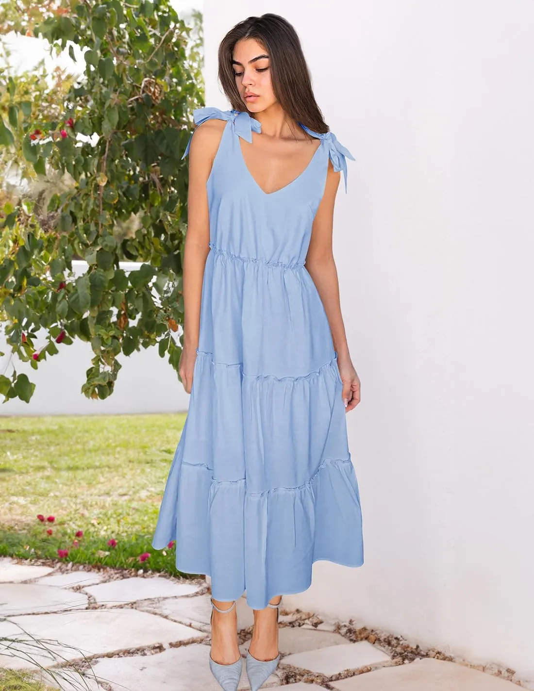 ZESICA Women's 2025 Summer Boho Casual V Neck Sleeveless Midi Dresses Tie Shoulder Flowy Tiered A Line Beach Long Sundress