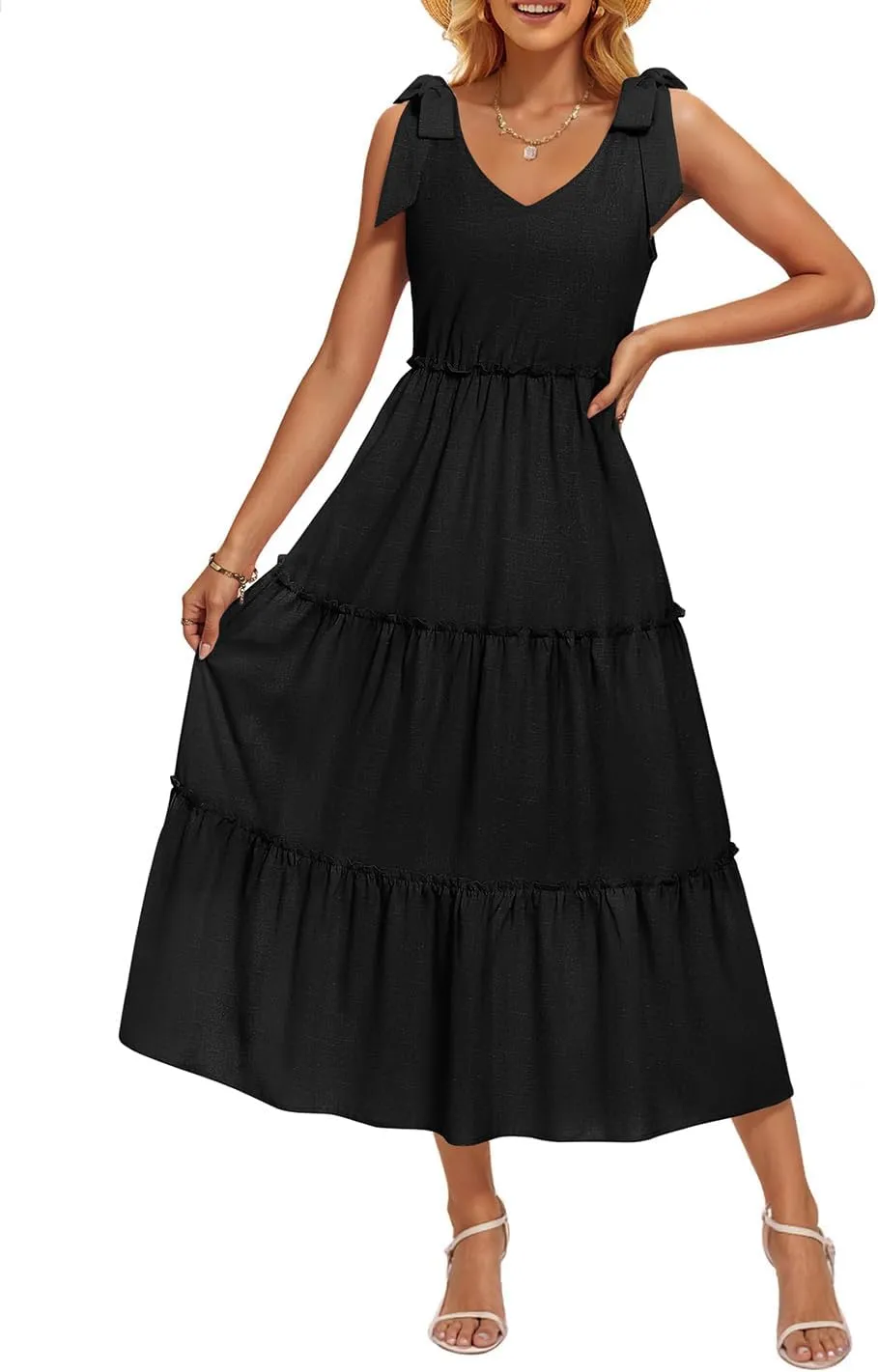 ZESICA Women's 2025 Summer Boho Casual V Neck Sleeveless Midi Dresses Tie Shoulder Flowy Tiered A Line Beach Long Sundress