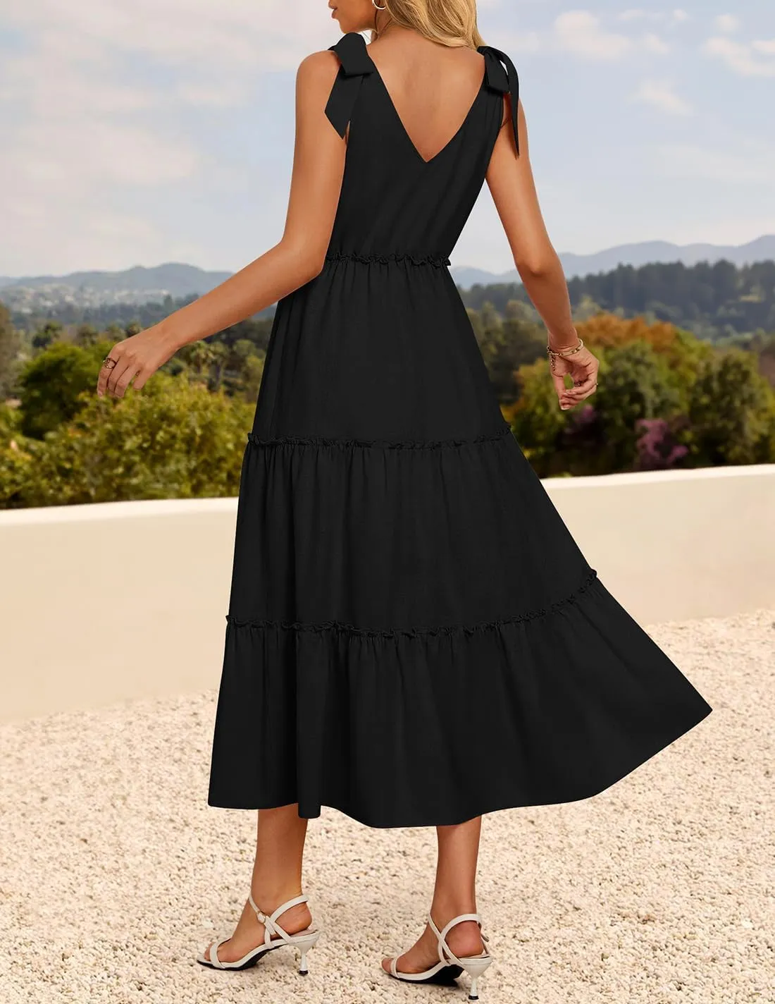 ZESICA Women's 2025 Summer Boho Casual V Neck Sleeveless Midi Dresses Tie Shoulder Flowy Tiered A Line Beach Long Sundress