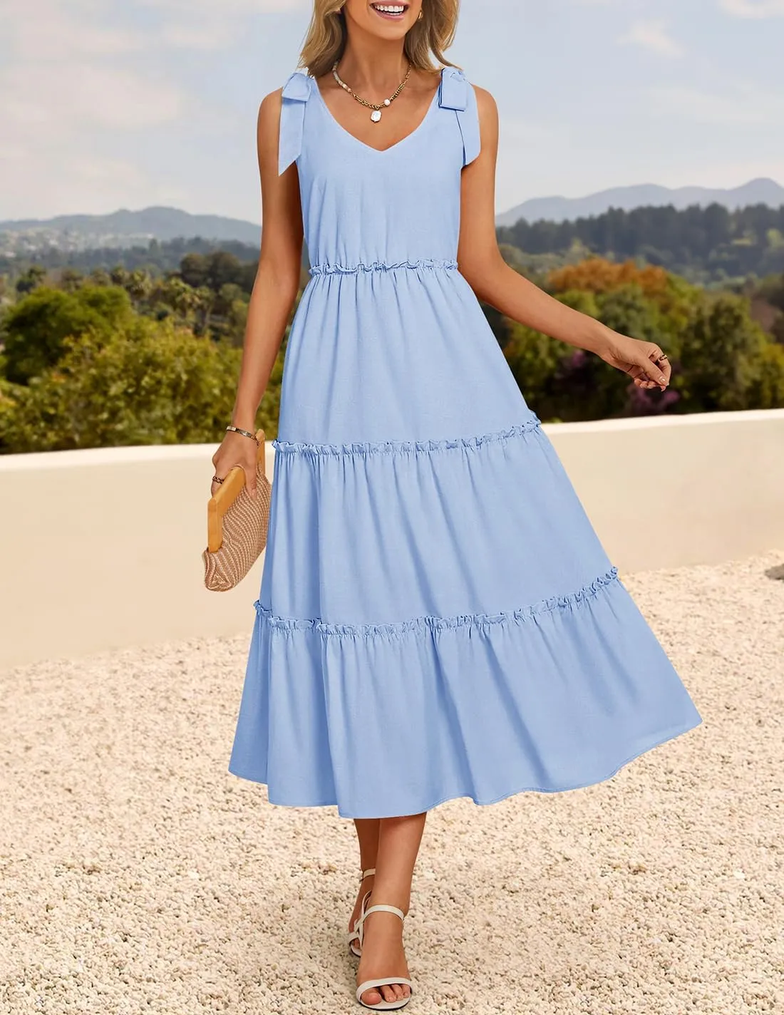 ZESICA Women's 2025 Summer Boho Casual V Neck Sleeveless Midi Dresses Tie Shoulder Flowy Tiered A Line Beach Long Sundress