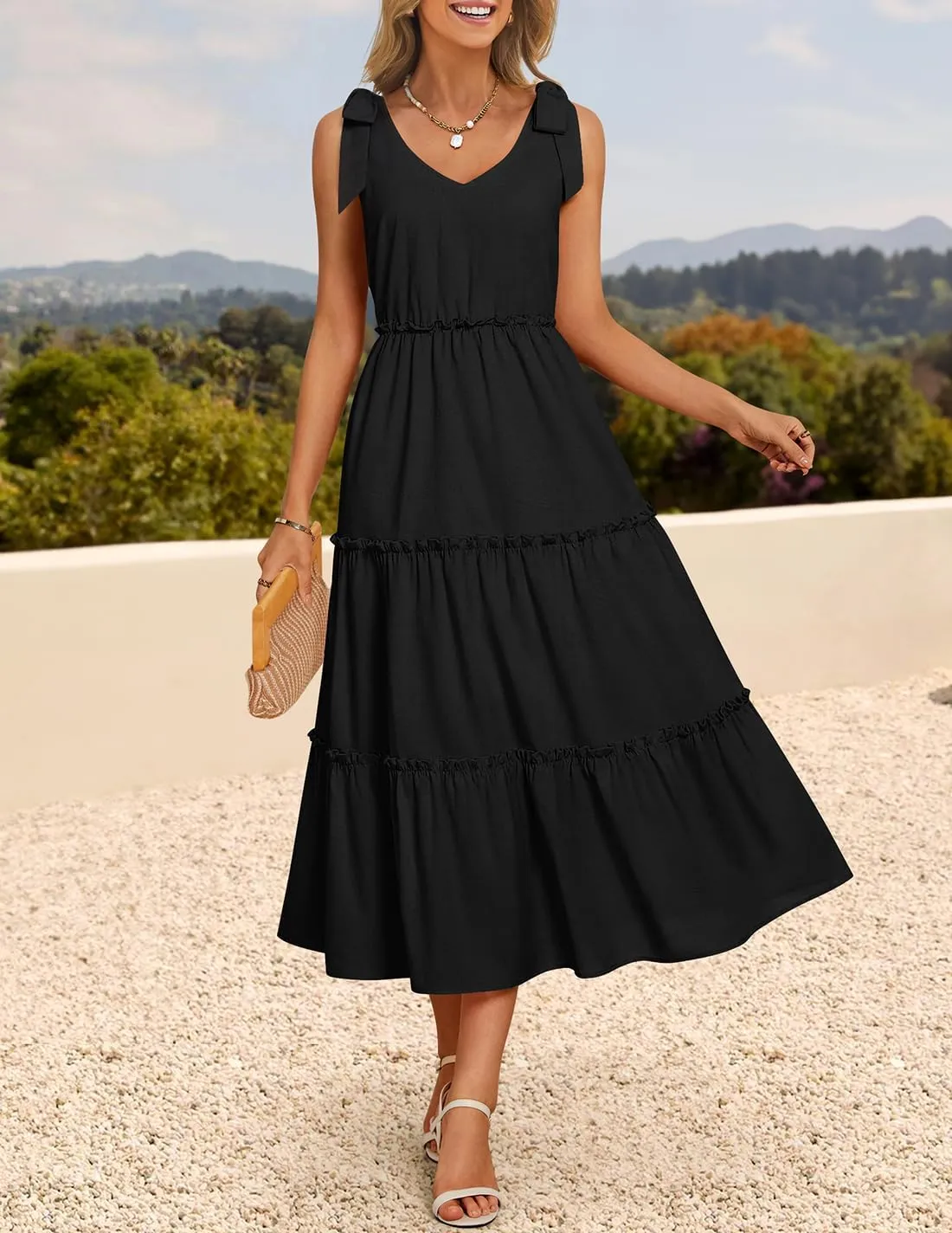 ZESICA Women's 2025 Summer Boho Casual V Neck Sleeveless Midi Dresses Tie Shoulder Flowy Tiered A Line Beach Long Sundress