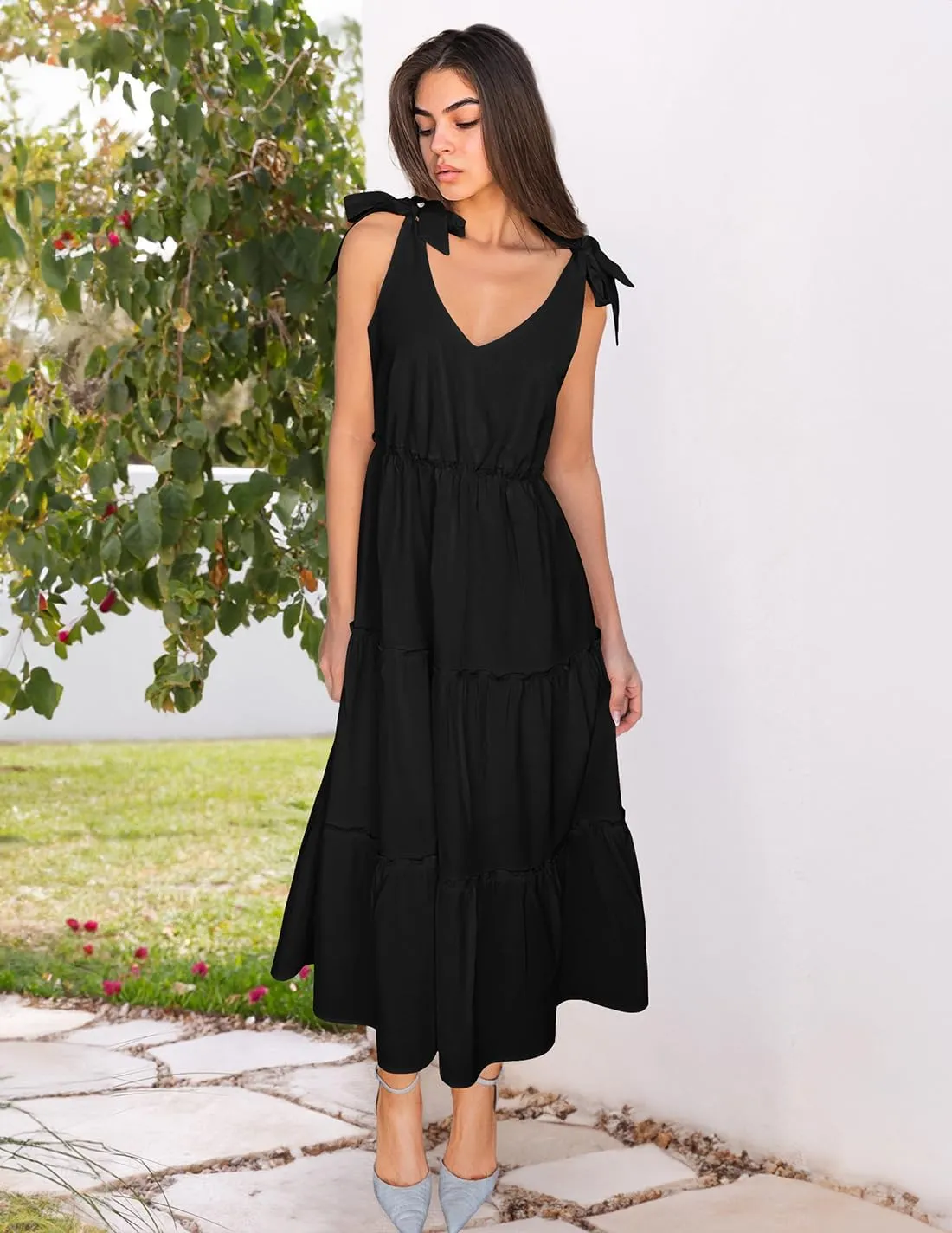 ZESICA Women's 2025 Summer Boho Casual V Neck Sleeveless Midi Dresses Tie Shoulder Flowy Tiered A Line Beach Long Sundress