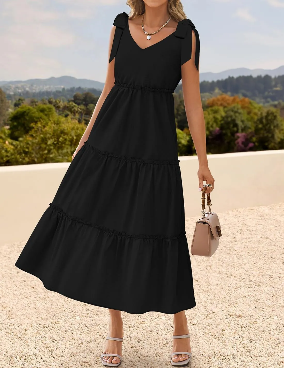 ZESICA Women's 2025 Summer Boho Casual V Neck Sleeveless Midi Dresses Tie Shoulder Flowy Tiered A Line Beach Long Sundress