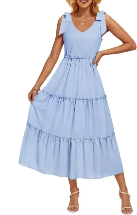 ZESICA Women's 2025 Summer Boho Casual V Neck Sleeveless Midi Dresses Tie Shoulder Flowy Tiered A Line Beach Long Sundress