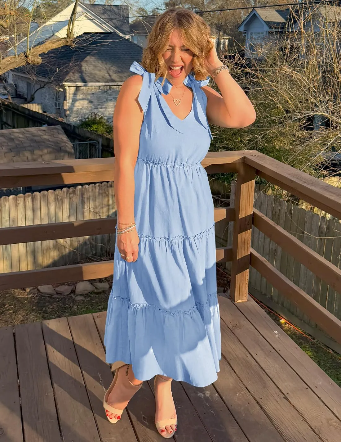 ZESICA Women's 2025 Summer Boho Casual V Neck Sleeveless Midi Dresses Tie Shoulder Flowy Tiered A Line Beach Long Sundress