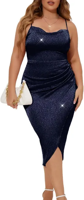 ZOMVA Plus Size Sparkle Formal Dress Bodycon Glitter Spaghetti Strap Midi Dress Wedding Guest Party Club Homecoming Cocktail