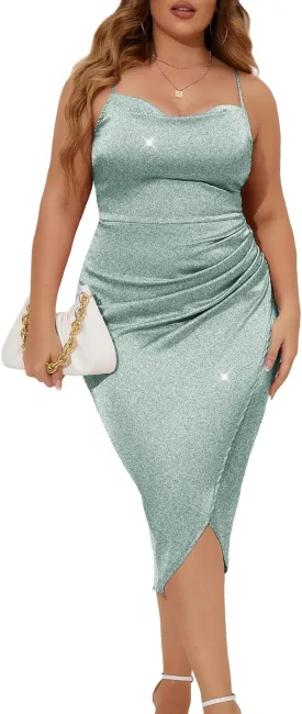 ZOMVA Plus Size Sparkle Formal Dress Bodycon Glitter Spaghetti Strap Midi Dress Wedding Guest Party Club Homecoming Cocktail